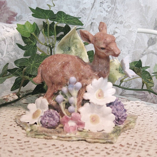 Miniature Deer 3d Sculpture Figurine . Handmade Hand Painted Fawn Doe Statue . Clay Flower Decor . Gift Deer Lover . MoonbeamsnBlossoms