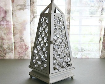 Sparkling Pyramid Shaped Tabletop Metal Candle Lantern with Acrylic Crystals ~ Boho Chic Tin Tea Light Holder