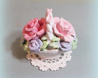 Miniature Ceramic Flower Basket: Shabby Chic Pink Rose Arrangement
