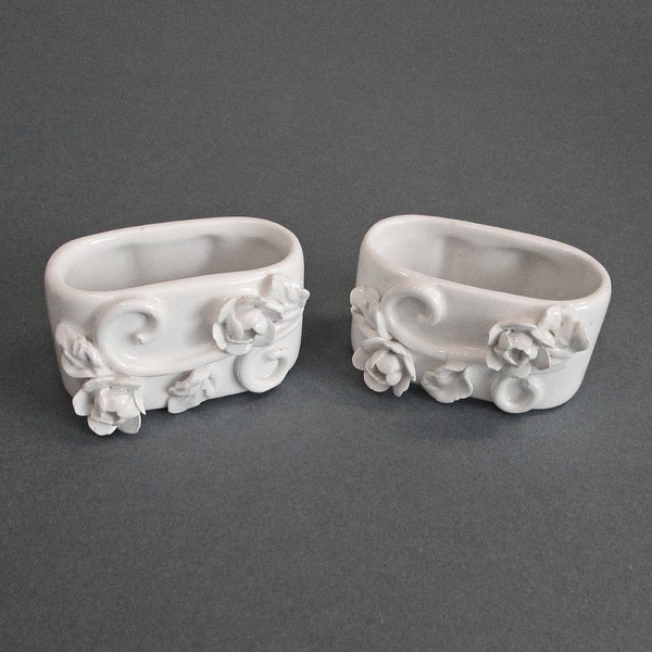 Vintage White Porcelain Flower Napkin Rings . Set of 4 Elegant Embossed Floral Oval Ceramic Napkin Rings . Mothers Day Gift for Her