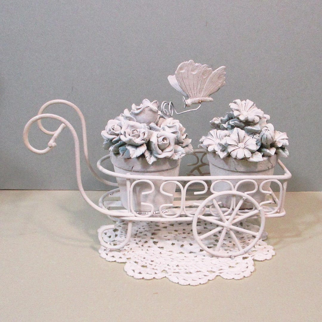 Vintage White Iron Flower Cart Metal Sculpture Figurine With Butterfly ...