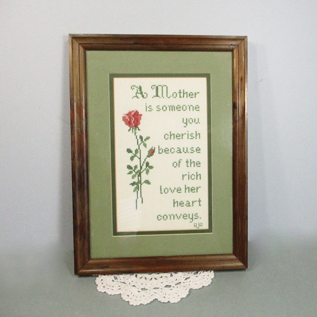 Vintage Framed Needlepoint Mother Poem . Mom Embroidery Wall Art . Mama