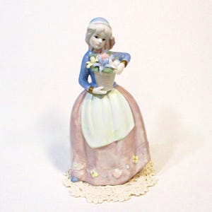 Porcelain Girl w/ Flower Basket Figurine . Vintage Ceramic Lady Sculpture . Sweet Feminine Bedroom Decor. Hand Painted Birthday Gift for Her