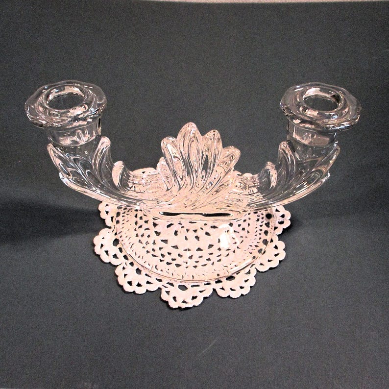 Double Candlestick Holder Clear Glass Table Candelabra 1950s Vintage Romantic Art Deco Decor Wedding Mother's Day Christmas Gift 8Lx 4Wx 4T image 5