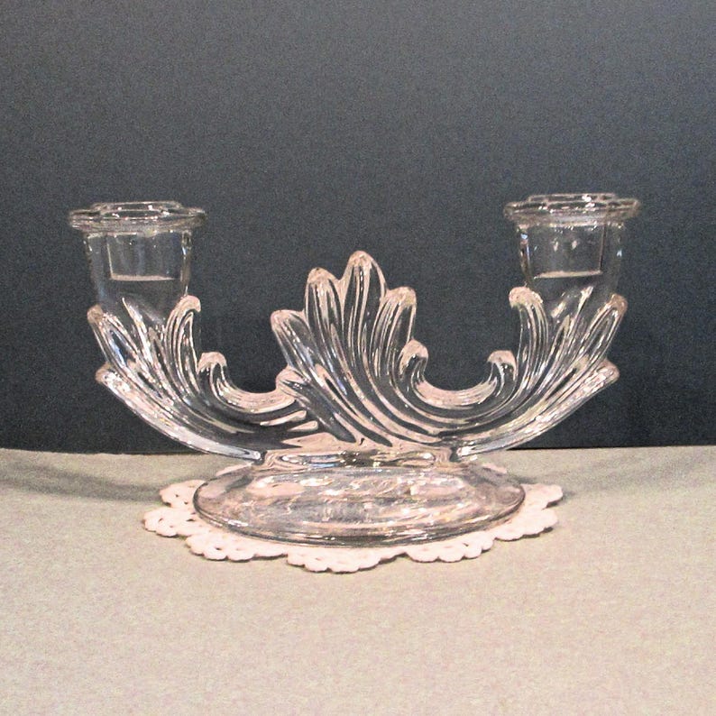Double Candlestick Holder Clear Glass Table Candelabra 1950s Vintage Romantic Art Deco Decor Wedding Mother's Day Christmas Gift 8Lx 4Wx 4T image 6
