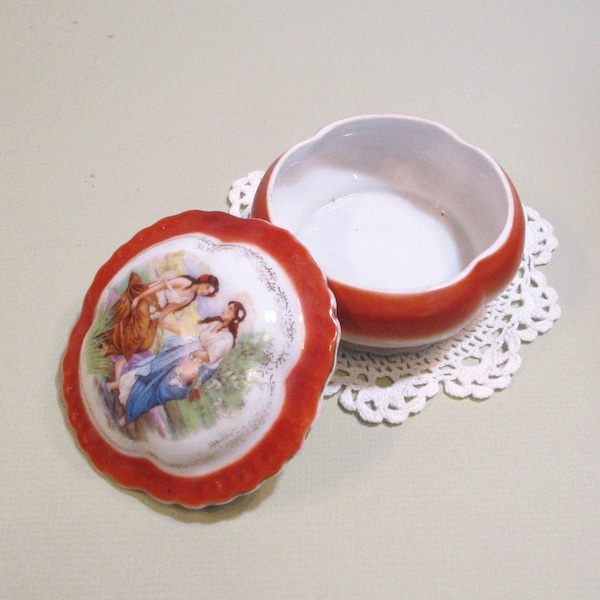 Vintage Victorian Ladies Jewelry Trinket Box Japan . Collectible Hand Painted Women's Garden Porcelain Trinket Box with Lid . Gift for Her