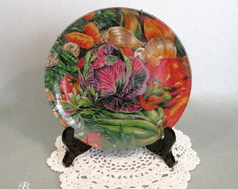 Vegetable Glass Plate ~ Reverse Decoupage Art ~ Retro Kitchen Tabletop/Wall Display