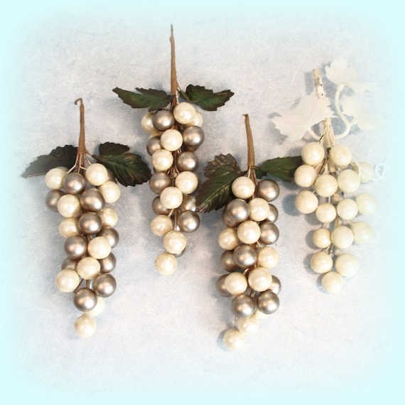 Vintage Artificial Pearl Grape Clusters ~ 1 Cluster - All White or White w/ Silvery Gold Berries