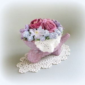 Miniature Wheelbarrow 3d Clay Flower Arrangement . Decorative Handmade Hand Painted Shabby Country Chic Decor . Unique Gardener Gift for Mom