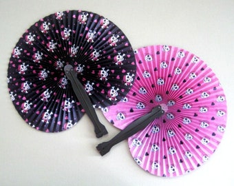 Skull and Crossbones Folding Hand Fans, Set of 6 Pink and Black Halloween Favors