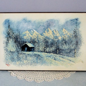 Snowy Mountain Cozy Cabin Winter Landscape Oil Painting: Texured Artwork on Wood Plaque