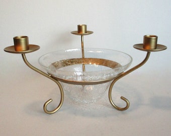 3 Arm Candelabra Centerpiece with Crackle Glass Fruit/Flower Bowl ~ Gold Tone Metal Candlestick Holder