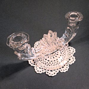 Double Candlestick Holder Clear Glass Table Candelabra 1950s Vintage Romantic Art Deco Decor Wedding Mother's Day Christmas Gift 8Lx 4Wx 4T image 2