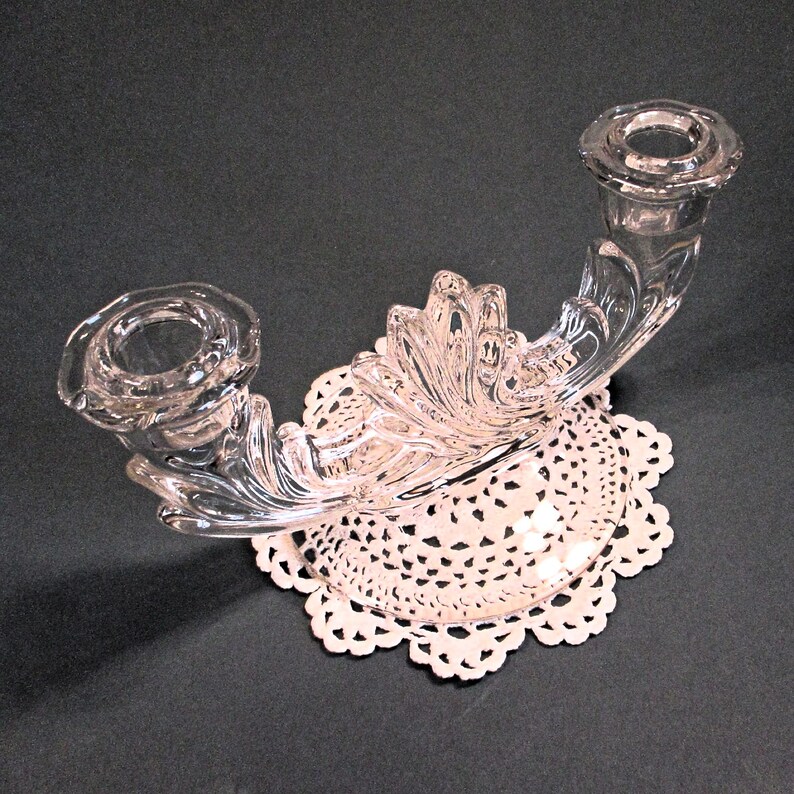 Double Candlestick Holder Clear Glass Table Candelabra 1950s Vintage Romantic Art Deco Decor Wedding Mother's Day Christmas Gift 8Lx 4Wx 4T image 2