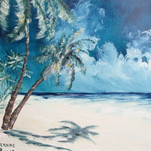 Tropical Beach w/ Palm Trees Oil Painting on Wooden Wall Plaque. Ocean/Beach/Nautical Decor