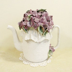 Elegant Victorian White Teapot with Violets Floral Arrangement . Decorative Teapot with Handmade Hand Painted Flowers . Unique Wedding Gift