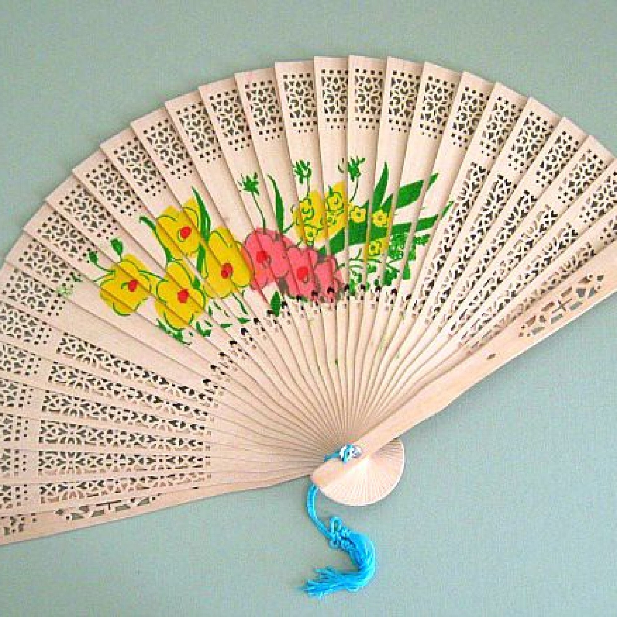 Carved Wood Folding Hand Fans . 3 Hand Painted Flower Hand Etsy