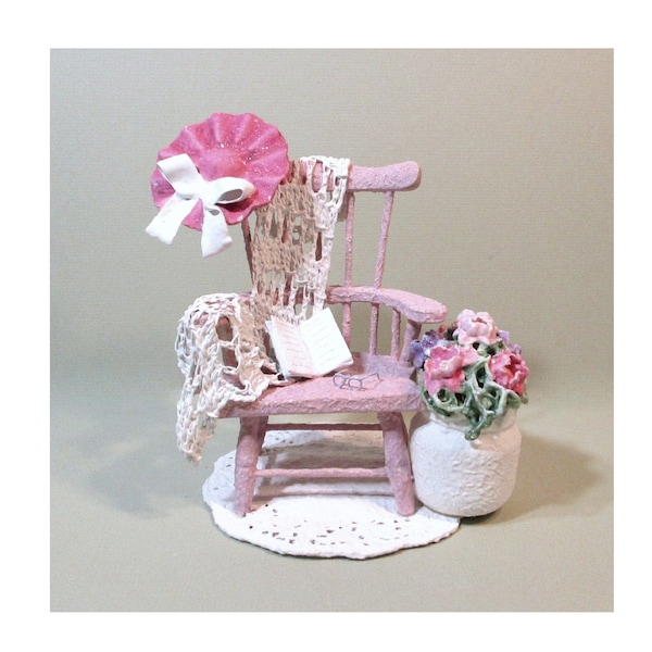 1:6 Scale Miniature Chair Sculpture . Mini Display Art Chair Diorama . Shabby Cottage Chic Decor . Unique Handmade Hand Painted Gift for Her