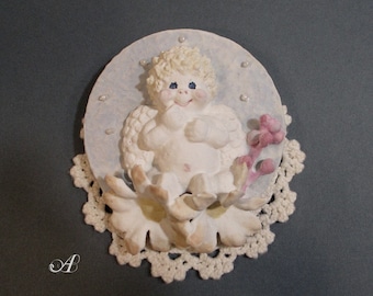Baby Angel Cherub Dreamsicle Ornaments with Handmade Clay Flowers - Keepsake for Newborns