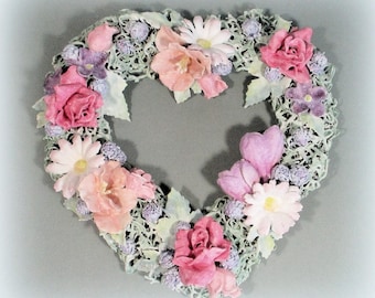 Heart Shaped Clay Flower Wreath ~ Elegant Shabby Chic Victorian Floral Heart Sculpture ~ Romantic Wall Decor