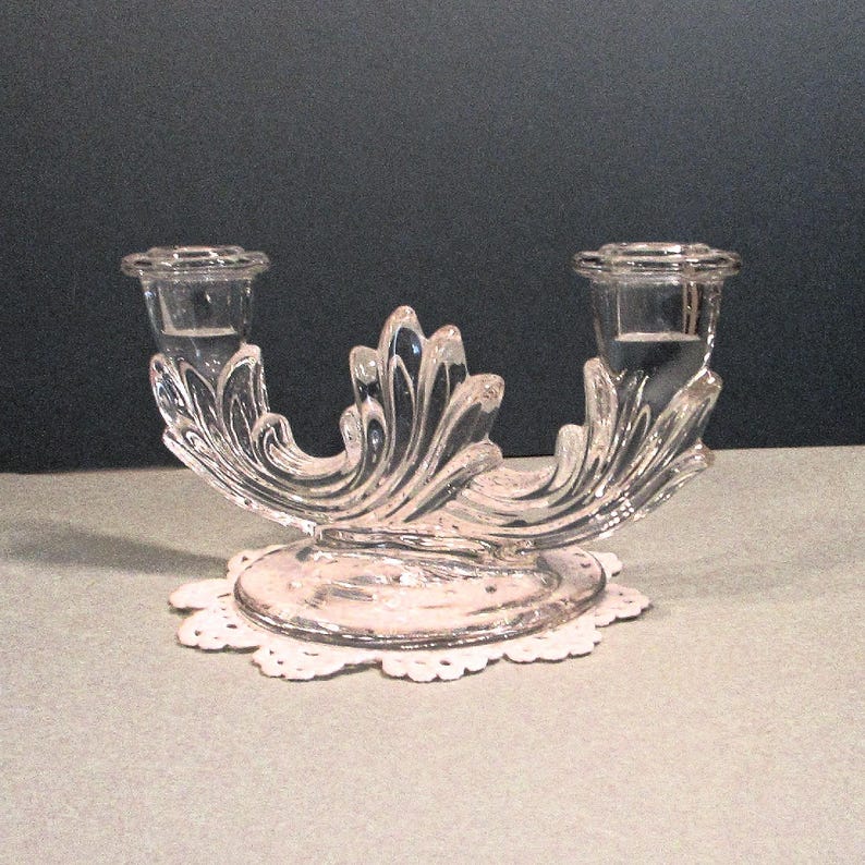 Double Candlestick Holder Clear Glass Table Candelabra 1950s Vintage Romantic Art Deco Decor Wedding Mother's Day Christmas Gift 8Lx 4Wx 4T image 8