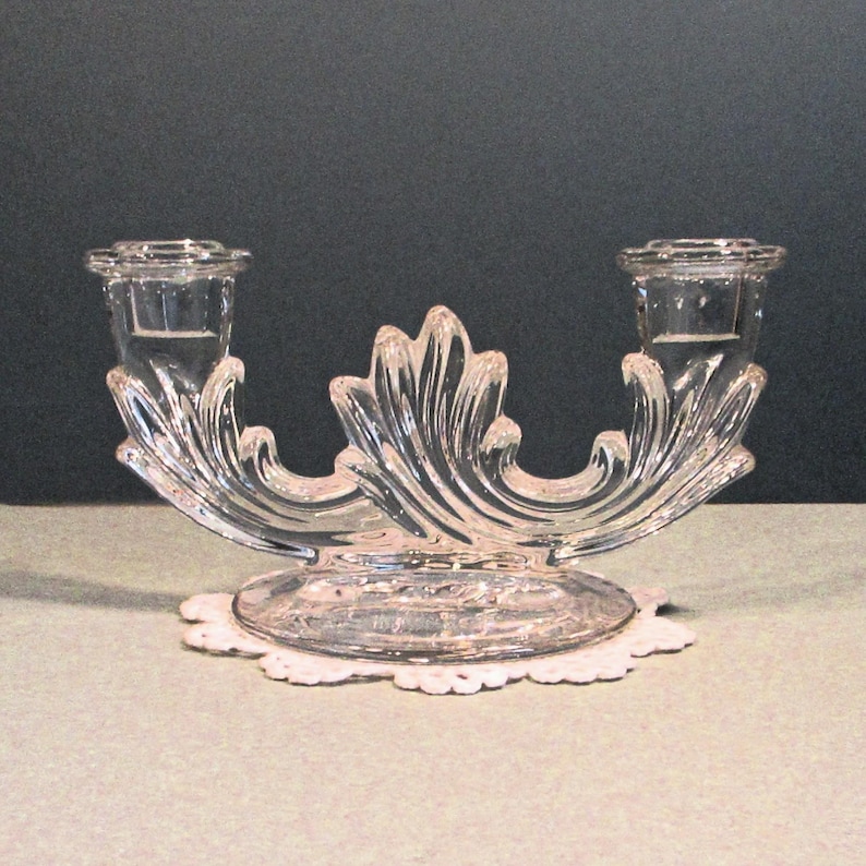 Double Candlestick Holder Clear Glass Table Candelabra 1950s Vintage Romantic Art Deco Decor Wedding Mother's Day Christmas Gift 8Lx 4Wx 4T image 4