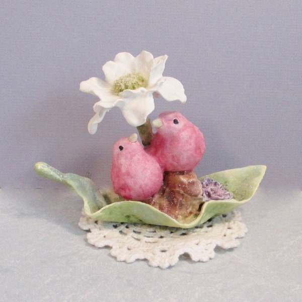 Pink Love Birds Clay Flower Sculpture Figurine . Bird Wedding Cake Topper . Baby Nursery Decor . Handmade Handpainted Unique Bird Lover Gift