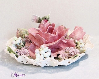 Pink Rose and Humminbird Floral Arrangement: Elegant Victorian Flower Bouquet Dish, Sweet Feminine Clay Flower Sculpture, Gift for Mom - Her