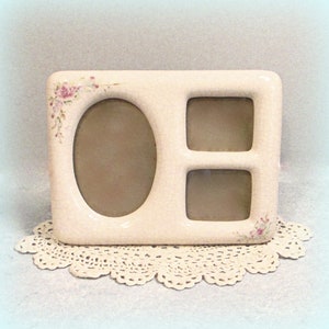 3 Photo Collage Picture Frame with Hand Painted Roses . Elegant Vintage Victorian Ceramic Porcelain Floral Photo Frame . Burnes of Boston
