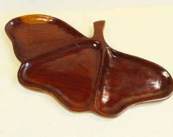 Vintage Mahogany Carved Wood Ginkgo Leaf Serving Tray . Mid Century Retro 60s Decor . 3 Section Divided Appetizer Platter . Made in Haiti