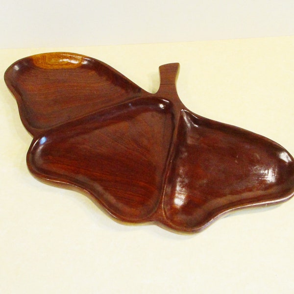 Vintage Mahogany Carved Wood Ginkgo Leaf Serving Tray . Mid Century Retro 60s Decor . 3 Section Divided Appetizer Platter . Made in Haiti
