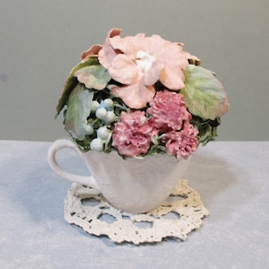 Decorative Teacup Artificial Clay Flower Arrangement ~ Shabby Chic Victorian