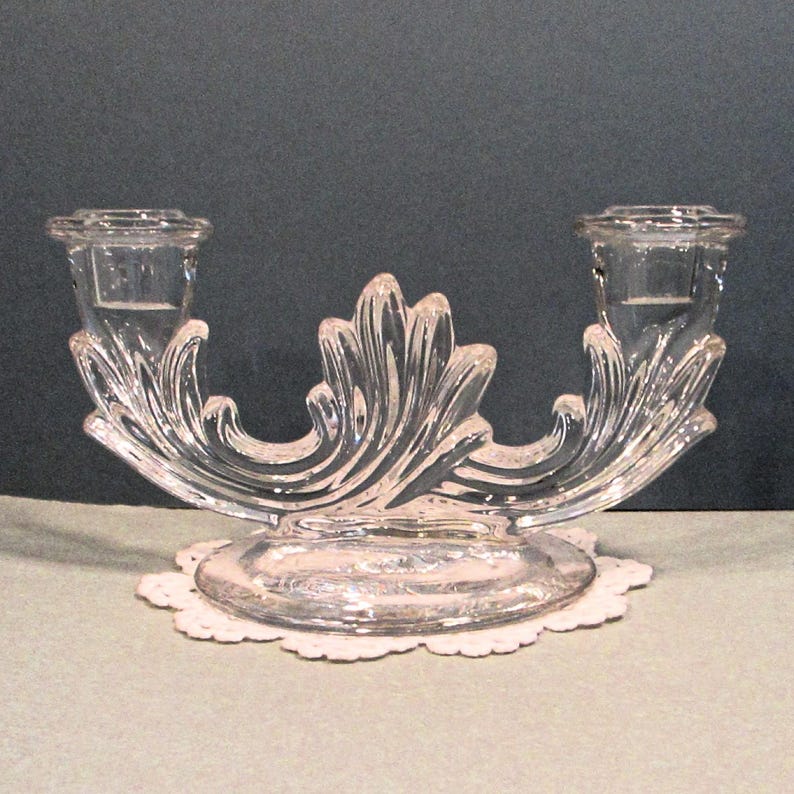Double Candlestick Holder Clear Glass Table Candelabra 1950s Vintage Romantic Art Deco Decor Wedding Mother's Day Christmas Gift 8Lx 4Wx 4T image 1