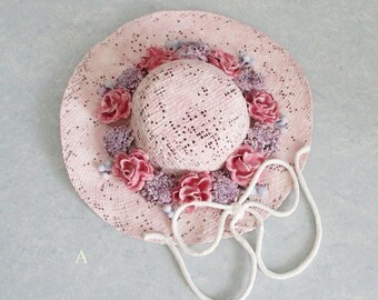 Decorative Sinemay Fabric Floral Hat Wreath: Victorian Shabby Chic Wall Decor. Pink Clay Flowers