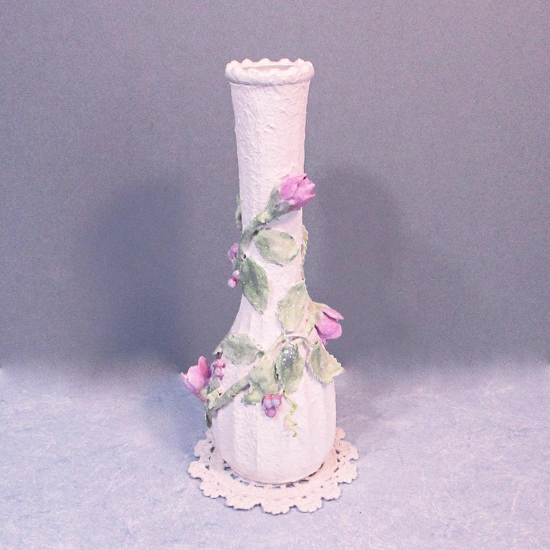 Lavender Clay Rose Flower Green Vine Bud Vase - Cottagecore ~ Shabby ...