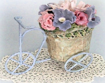 Miniature Metal Bicycle Floral Arrangement ~ Mini Tricycle Flower Cart with Woven Wicker Basket