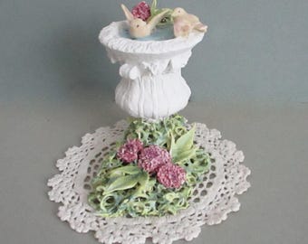 Miniature Ceramic Birdbath Sculpture Figurine with Cute Baby Birds and Clay Flowers  ~ 3D Garden Scene