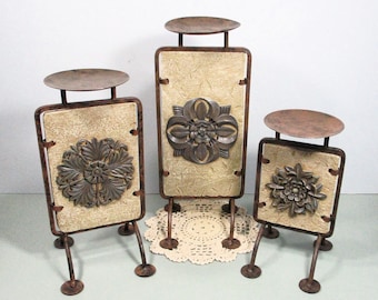 Vintage Wrought Iron Candle Holders with Floral Medallions – Boho Eclectic Decor