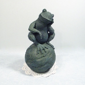 Dreaming Green Frog Sculpture Statue . Frog Sitting on Globe Orb . Whimsical Garden Theme Porch/Patio Decor . Gift for Frog Lover Collector