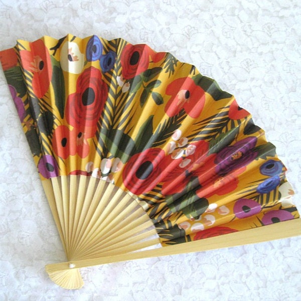 Tropical Flowers Paper & Wood Folding Hand Fans 4 . Spanish Cuban Mexican Fiesta Hawaiian Luau Garden Party Favors . Fan Summer Accessories