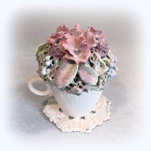 Handmade Pink Pansy Teacup Sculpture: Shabby Chic Victorian Clay Flower Decor