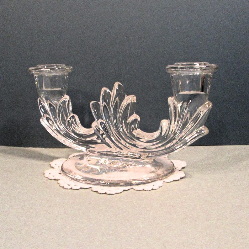 Double Candlestick Holder Clear Glass Table Candelabra 1950s Vintage Romantic Art Deco Decor Wedding Mother's Day Christmas Gift 8Lx 4Wx 4T image 7
