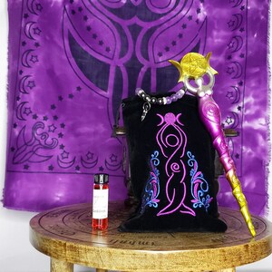 Divine Goddess Kit - Velvet Goddess Bag, Goddess Wand with Triple Moon, Altar Cloth, Essential Goddess Oil, Hematite and Amethyst Bracelet