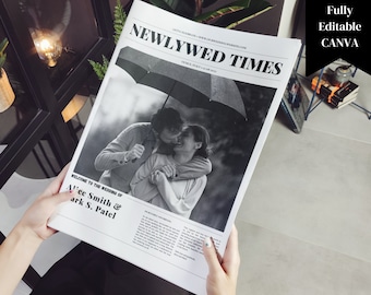 Folded Newspaper Wedding Program Canva Template, Printable Wedding Programs Timeline Template, Fun Wedding Program Fun Editable Newspaper
