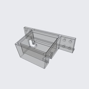 May include: A transparent, geometric object with a rectangular box shape and an attached flat panel. The panel has several circular holes. The object is rendered in a 3D style, with visible lines defining its edges and internal structures.
