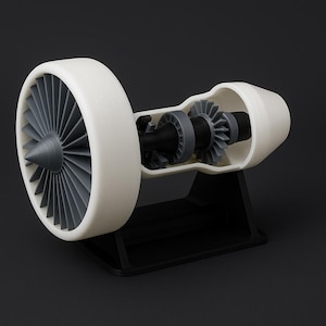 May include: A 3D-printed model of a jet engine, showcasing internal components. The model features a white outer casing with gray fan blades and internal turbine details. It is mounted on a black stand against a dark background.