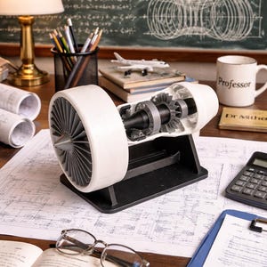 Utställning av turbofläktjetmotor | Skalmodell av snurrande flygplansmotor med synliga steg