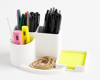 Desk Organizer With Catch Tray and Sticky Note Holder | Modern Office Supply Storage