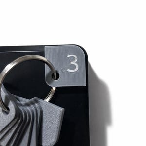 May include: A close-up of a set of gray keychains attached to a silver ring. The keychain tag in focus has the number "3" printed on it. The keychains are on a black surface with a white background.