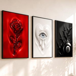 300 DPI Hd Y2K Hypebeast Wall Art Set of 3 Art 8 Ball Print White Heart Poster and Red Rose Chic Apartment Decor Glamour
